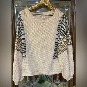 And The Why Cream Waffle Knit Top with Zebra and Leopard Print Sleeves
